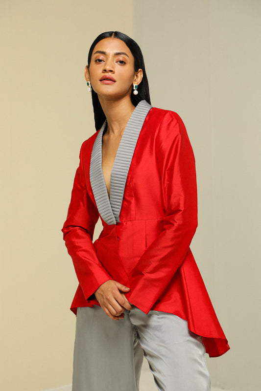 RED AND GREY PEPLUM JACKET
