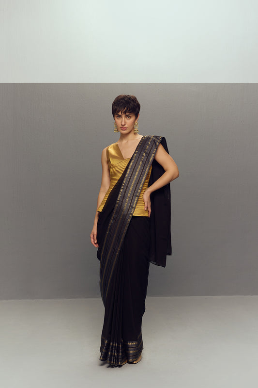 BLACK RIPPLE SAREE SET( 2pc- corset ,stitched saree)