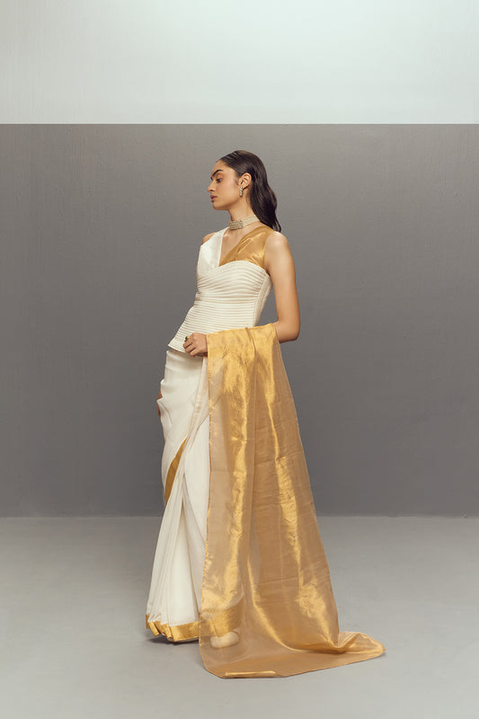 WHITE RIPPLE SAREE SET( 2pc- corset ,stitched saree)