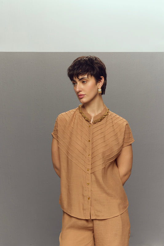 BEIGE CREPE LINEN SHORT SHIRT