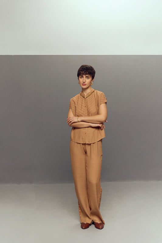 BEIGE CREPE LINEN SHIRT SET