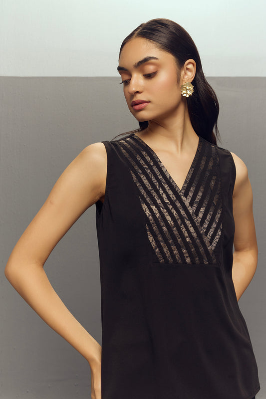 BLACK BROCADE STRIPE TOP