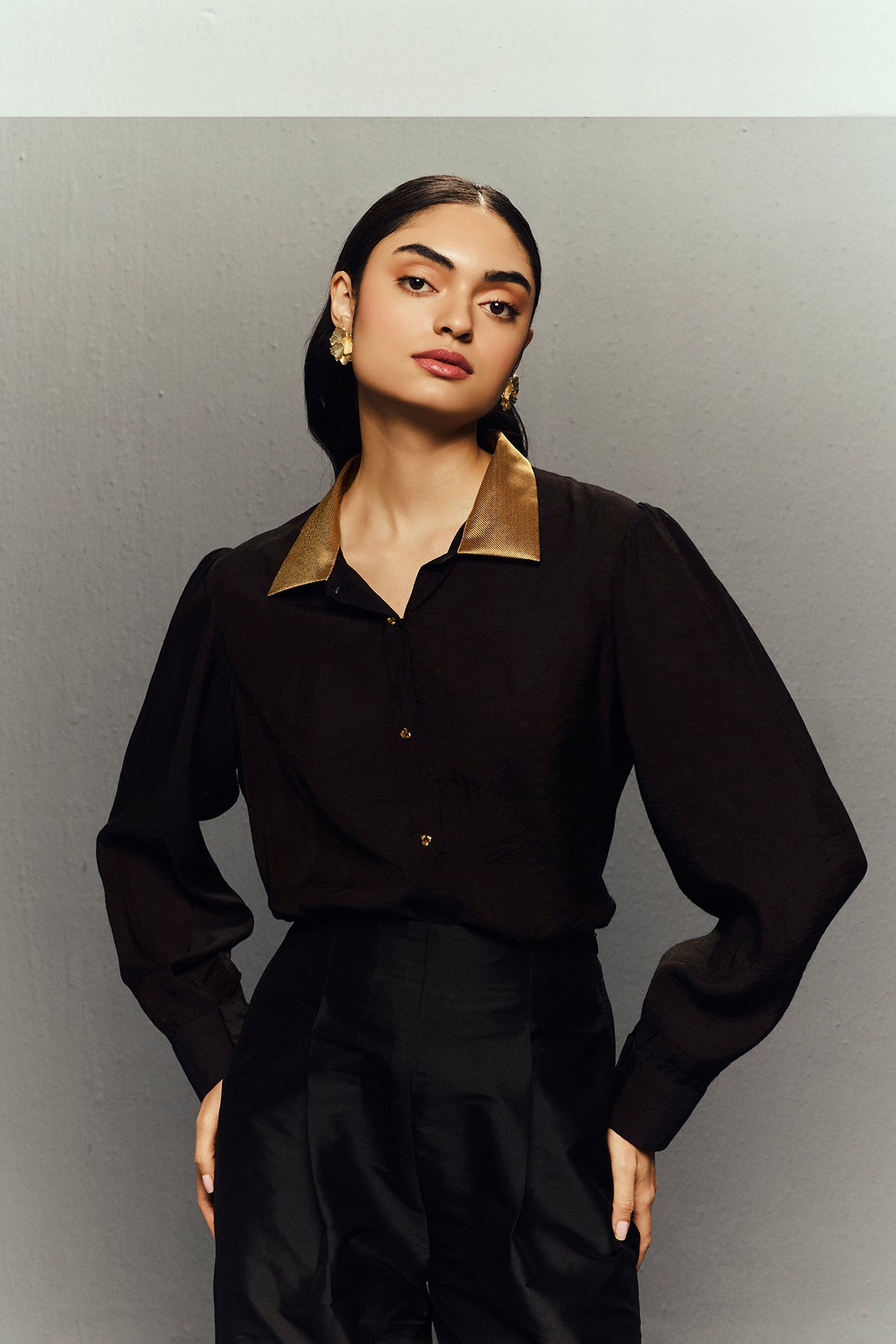 CLASSIC BLACK TOP WITH GOLD COLLAR & PANTS Zaitra CLASSIC BLACK TOP WITH GOLD COLLAR & PANTS Zaitra