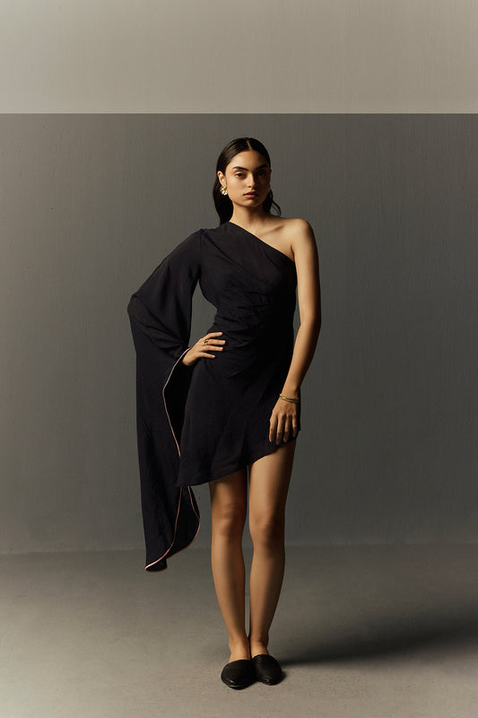 BLACK CREPE LINEN BUTTERFLY DRESS