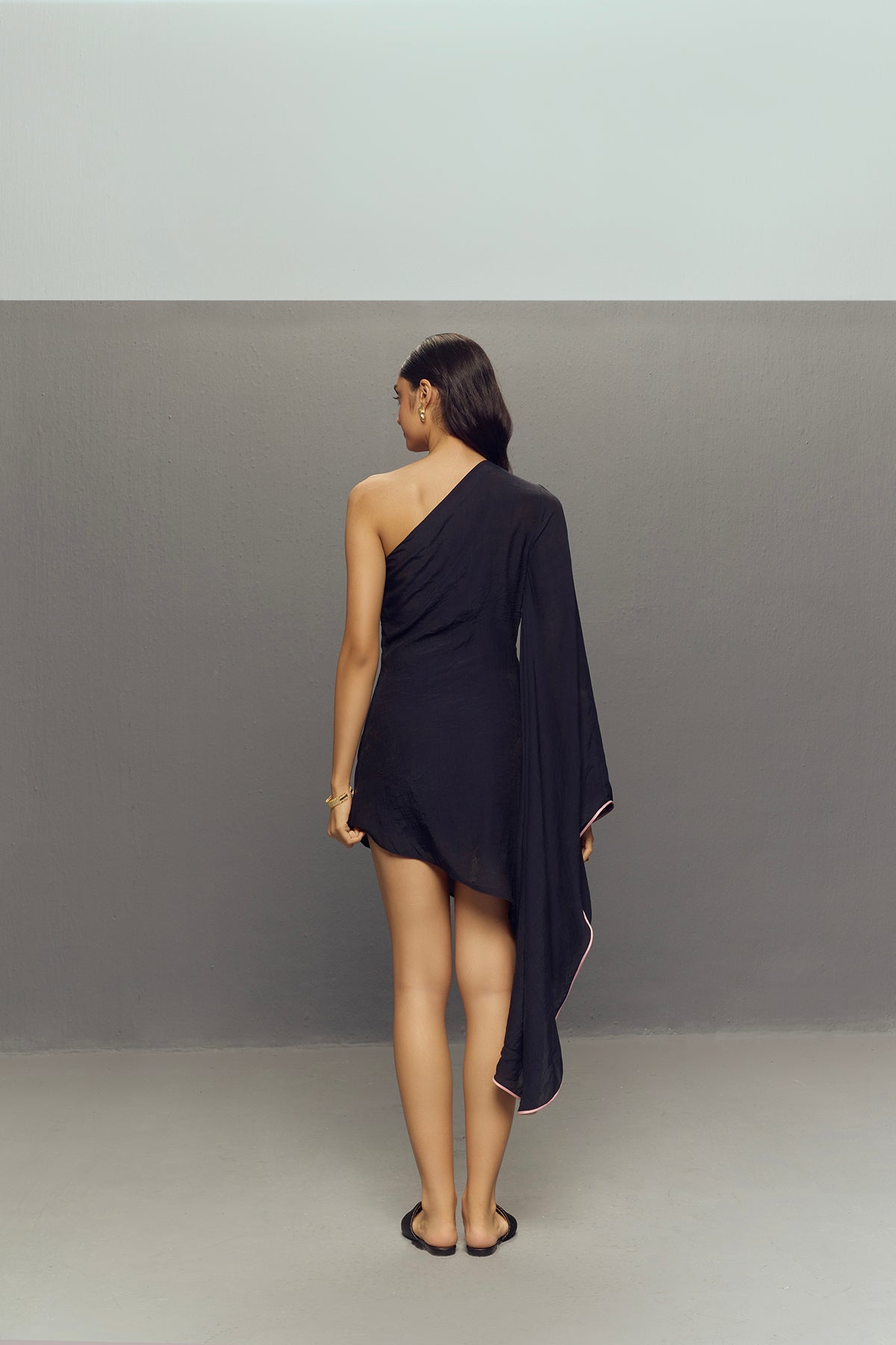 BLACK CREPE LINEN BUTTERFLY DRESS