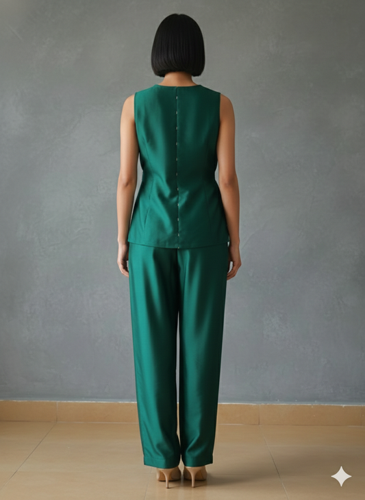 GREEN BUCKLE JACKET WITH SILK PANTS