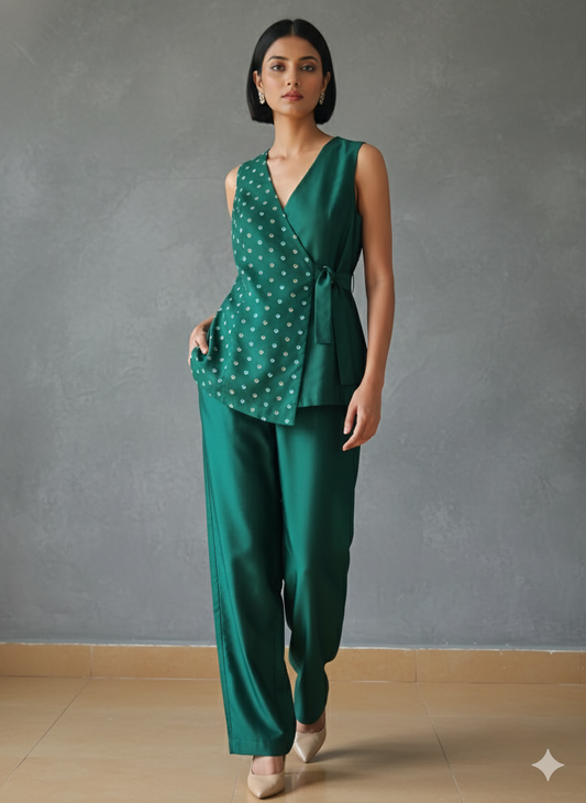 GREEN BUCKLE JACKET WITH SILK PANTS