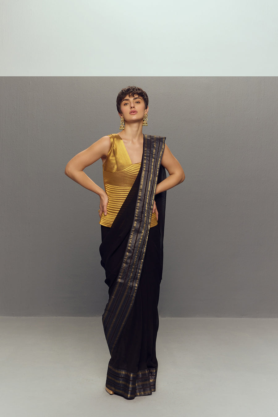 BLACK RIPPLE SAREE SET( 2pc- corset ,stitched saree)