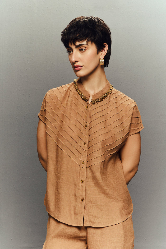 BEIGE CREPE LINEN SHORT SHIRT